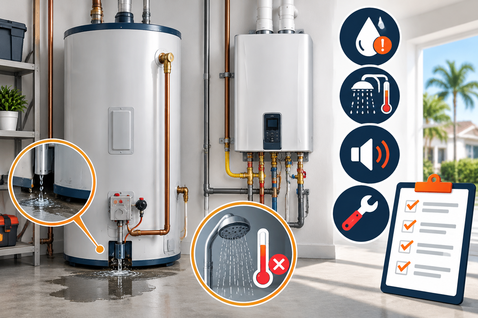 Illustrative water heater infographic scene showing a leaking storage tank, a tankless unit, no-hot-water warning, unusual noise, and an inspection checklist